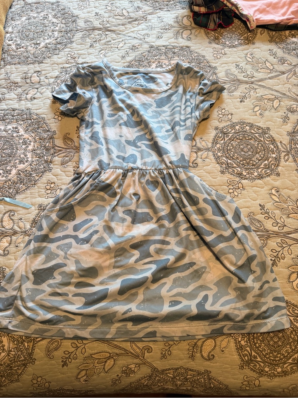 BURLEBO Girls' Short Sleeve Blue & White Camouflage Dress